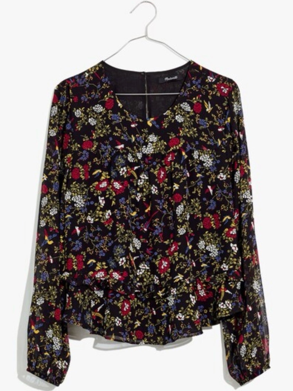 Madewell Sheer Sleeve Ruffle Peplum Top in Finch Floral Black Red & Blue Medium